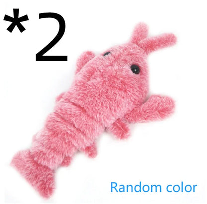 USB rechargeable jumping lobster cat toy with motion-activated swaying and flipping action, made of soft plush fabrics