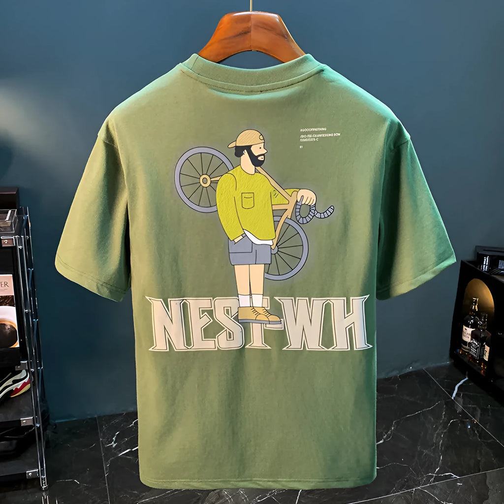 Green loose fit men's short sleeve t-shirt with a printed graphic design on the front.