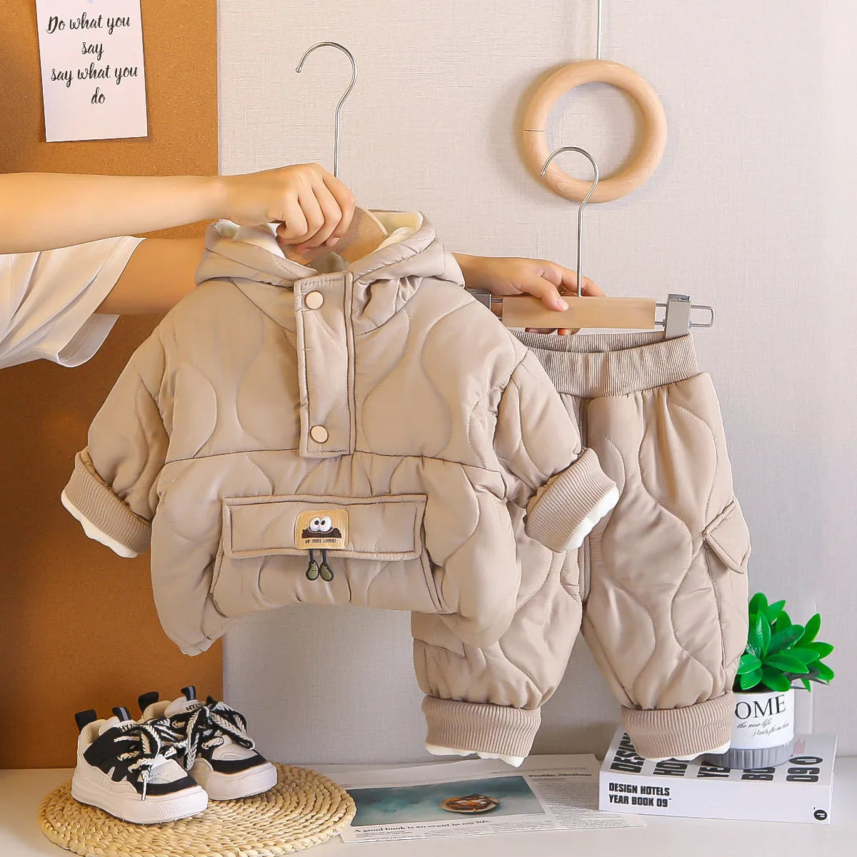 Children's fleece-lined winter suit set with cotton top and trousers in army green, black, or light khaki