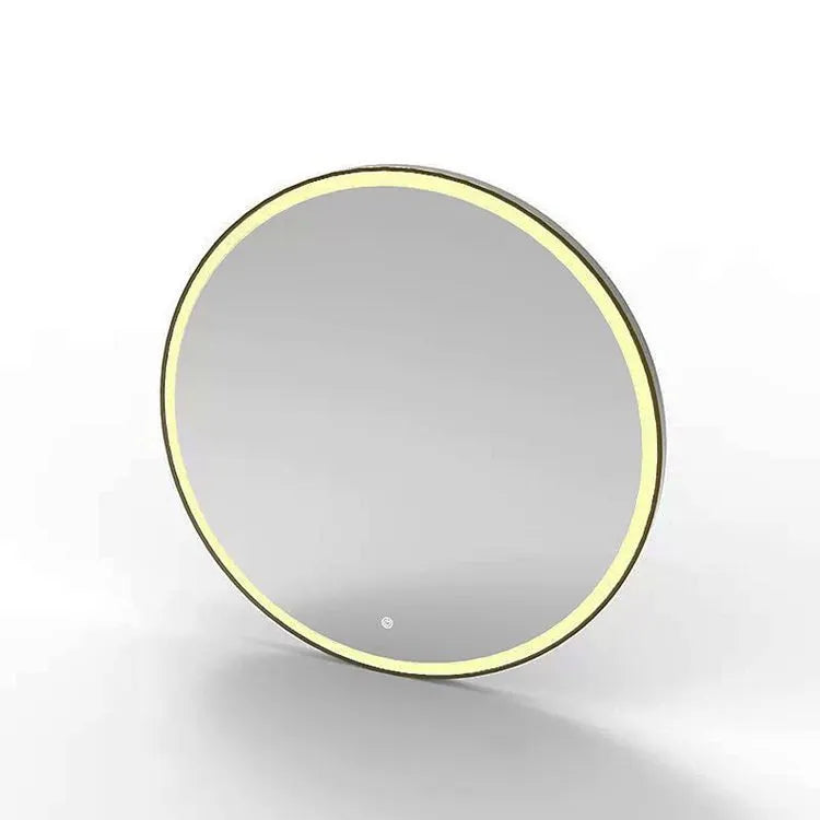 Round black aluminium frame LED wall-mounted bathroom mirror with touch dimming.