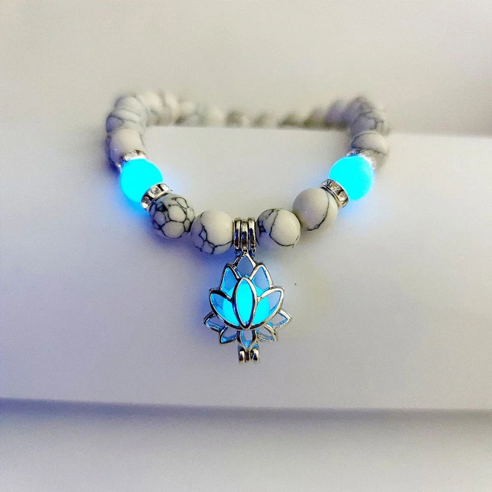 Luminous lotus charm bracelet with mesmerizing glow-in-the-dark beads, made of premium alloy and turquoise fluorescent stone