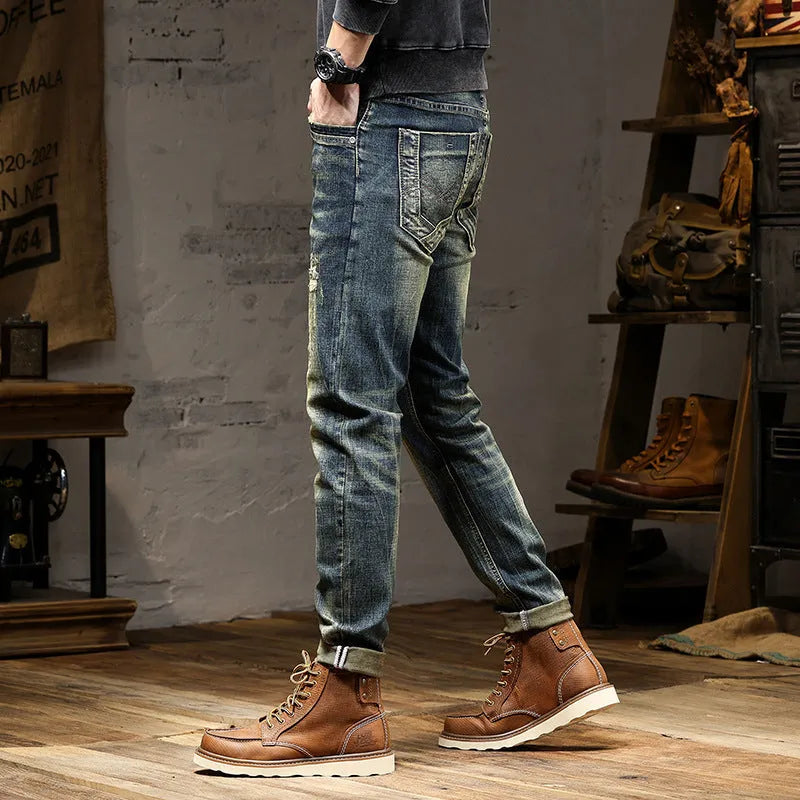 Men's retro colour stretch denim skinny jeans with a zip fly front.