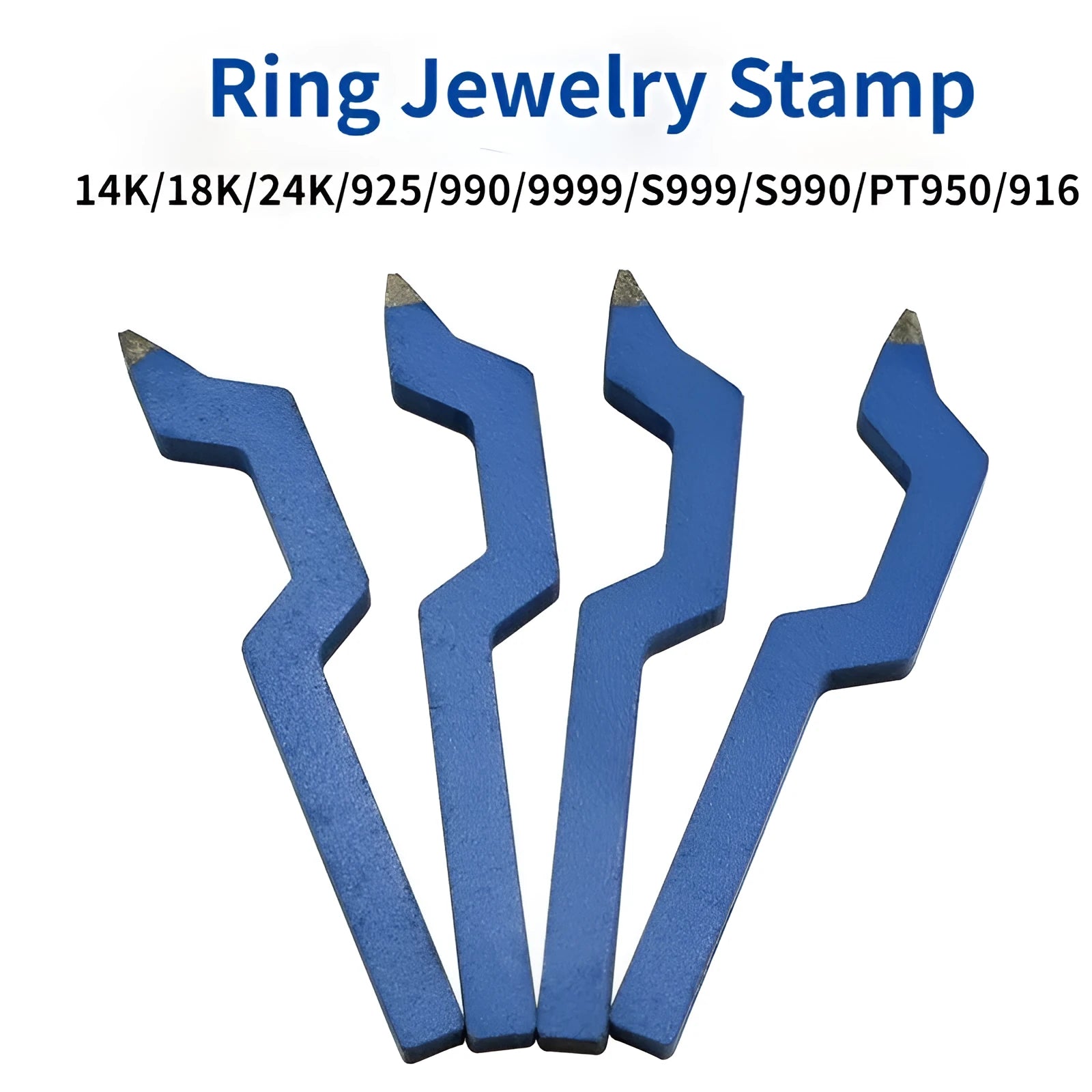Close-up of a curved character steel stamping tool for jewellery on a workbench.