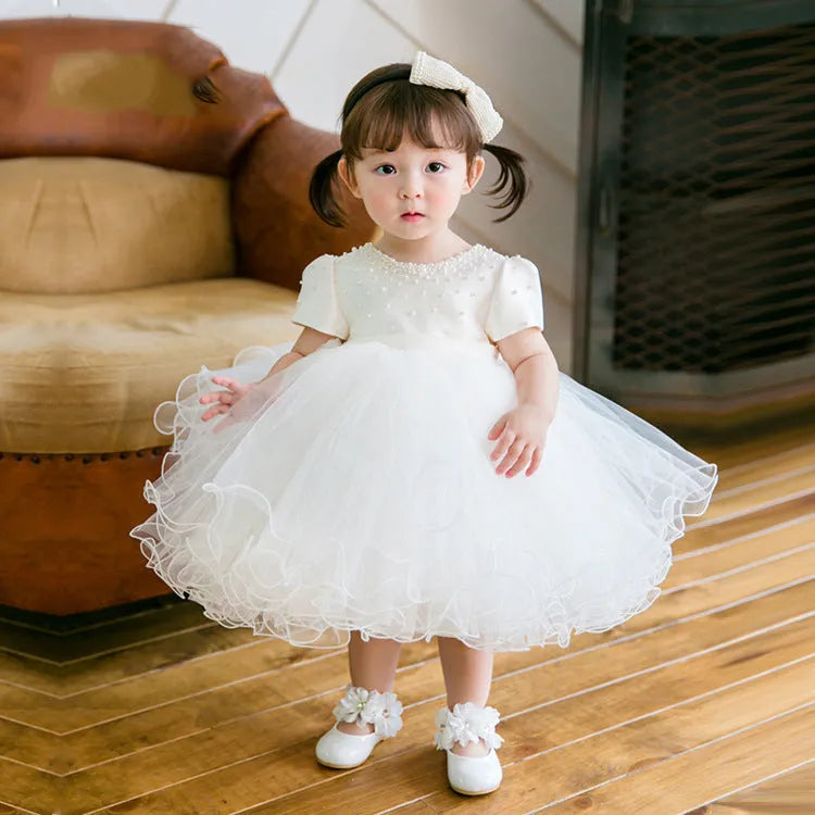 White polyester baby full-year banquet dress with bubble skirt, suitable for heights 80cm to 140cm