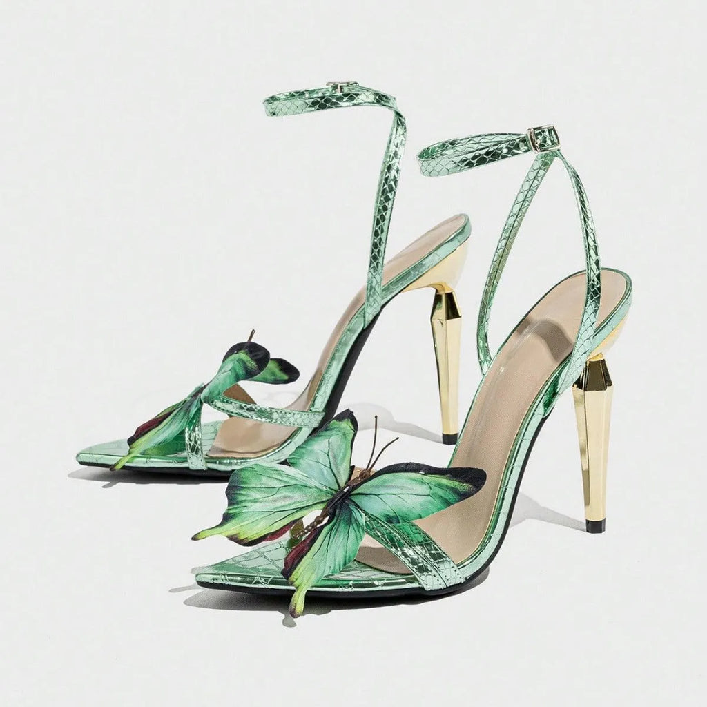 Women's green stiletto heel sandals with three-dimensional butterfly decorations and electroplated finish