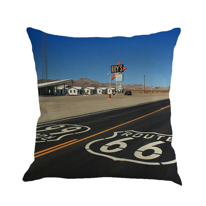 Route 66 landscape pattern linen cushion cover measuring 45cm square with cotton-linen blend material