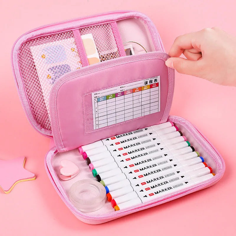 Square canvas stationery box with anime cartoon print featuring large capacity for pens and pencils