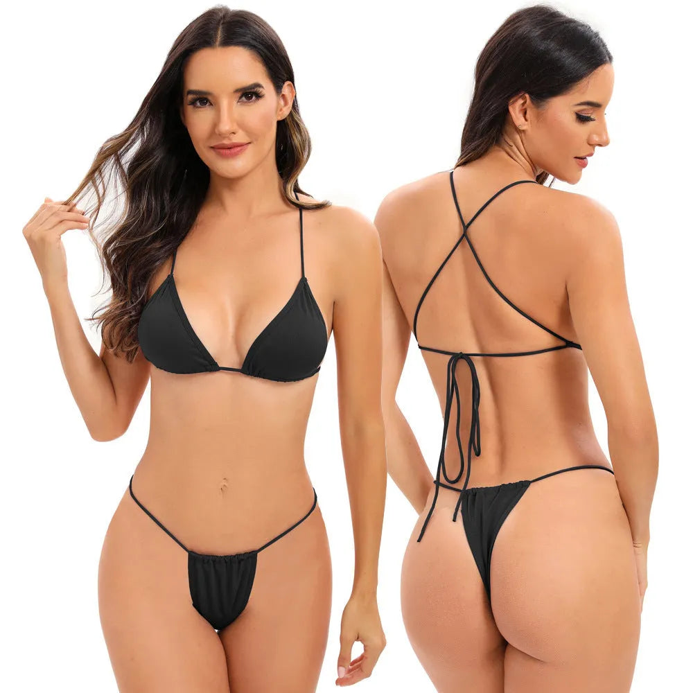 Women's candy coloured bikini with multiple cross straps and split briefs, available with or without chest pads.