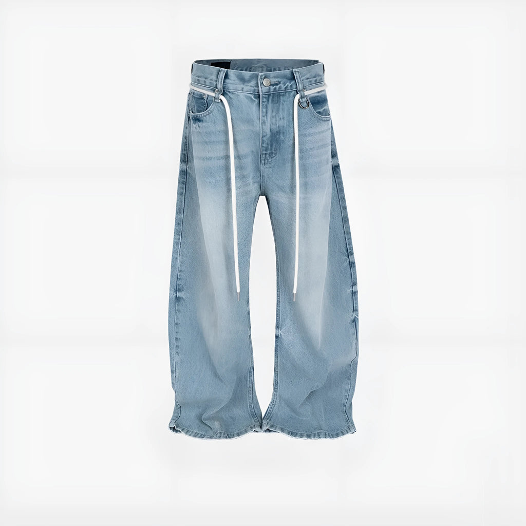 Blue vintage washed straight-leg denim trousers with a drawstring belt and zipper fly.