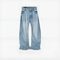 Blue vintage washed straight-leg denim trousers with a drawstring belt and zipper fly.