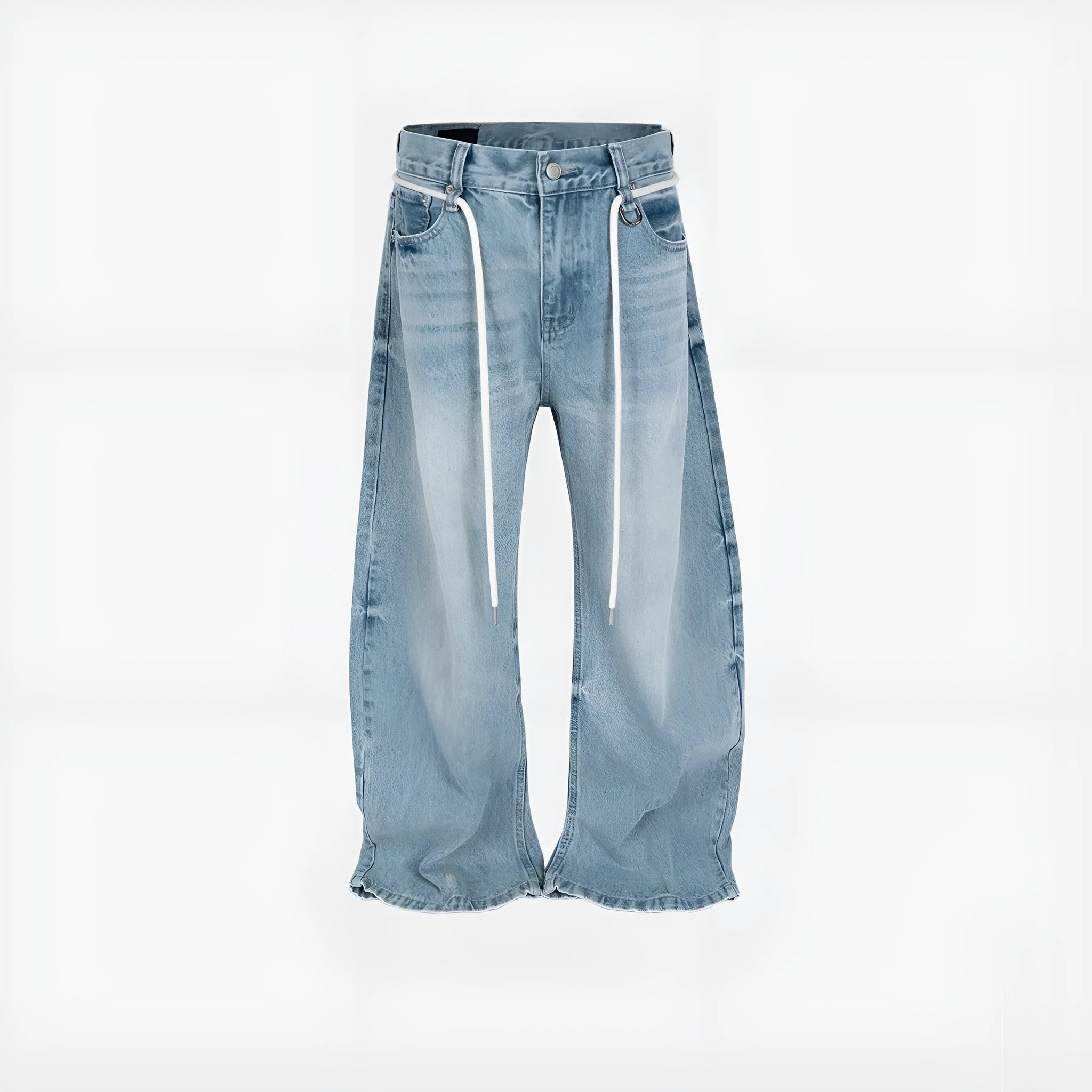 Blue vintage washed straight-leg denim trousers with a drawstring belt and zipper fly.
