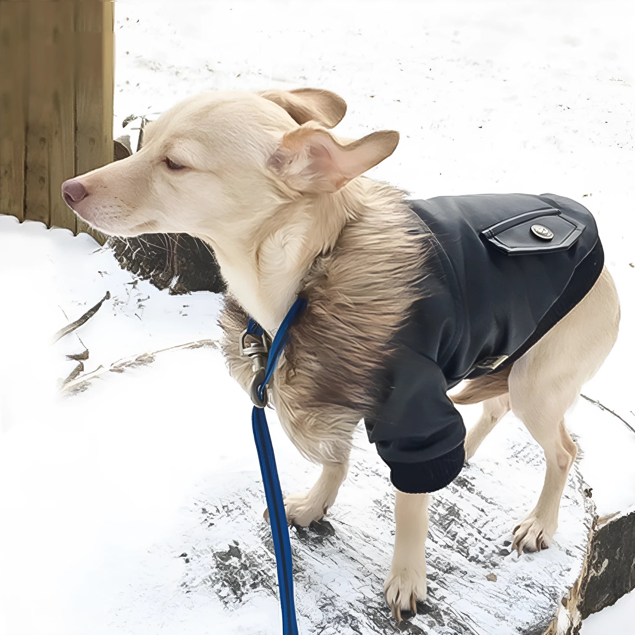 Leather dog coat with faux fur collar in British style for autumn and winter wear