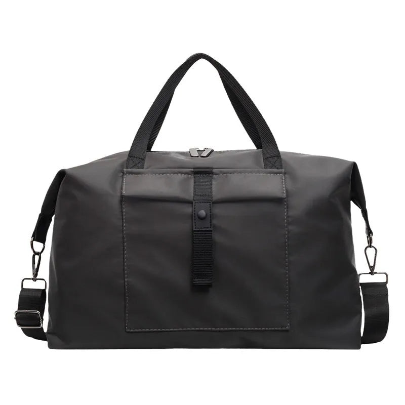 Grey one-shoulder Oxford cloth travel bag with 36-55L capacity and breathable lining