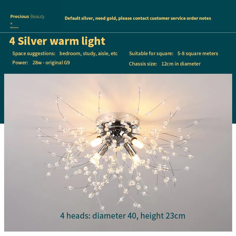 Round chrome dandelion crystal ceiling lamp with four light heads, 40cm diameter
