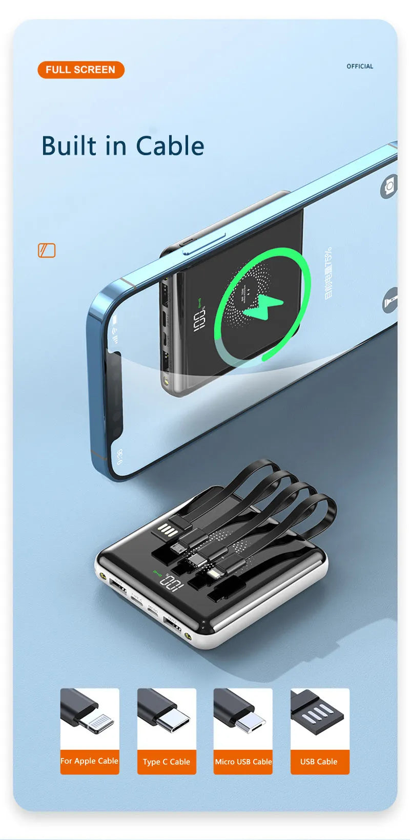 20000mAh PD fast charge power bank in black, green, or red with LCD display, compact 84mm design