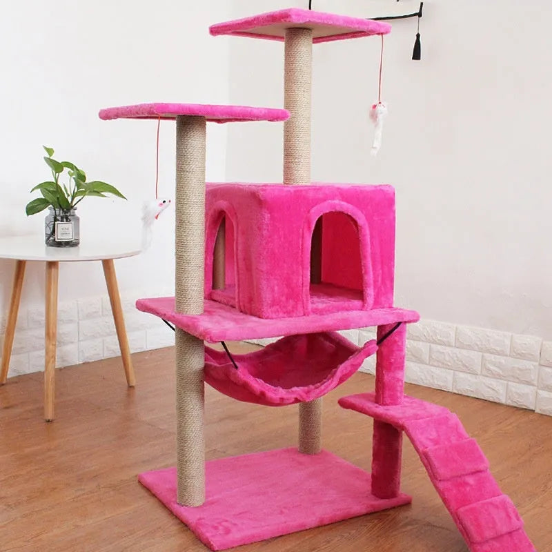 Cat climbing frame with scratching post made from environmentally friendly board in beige colour