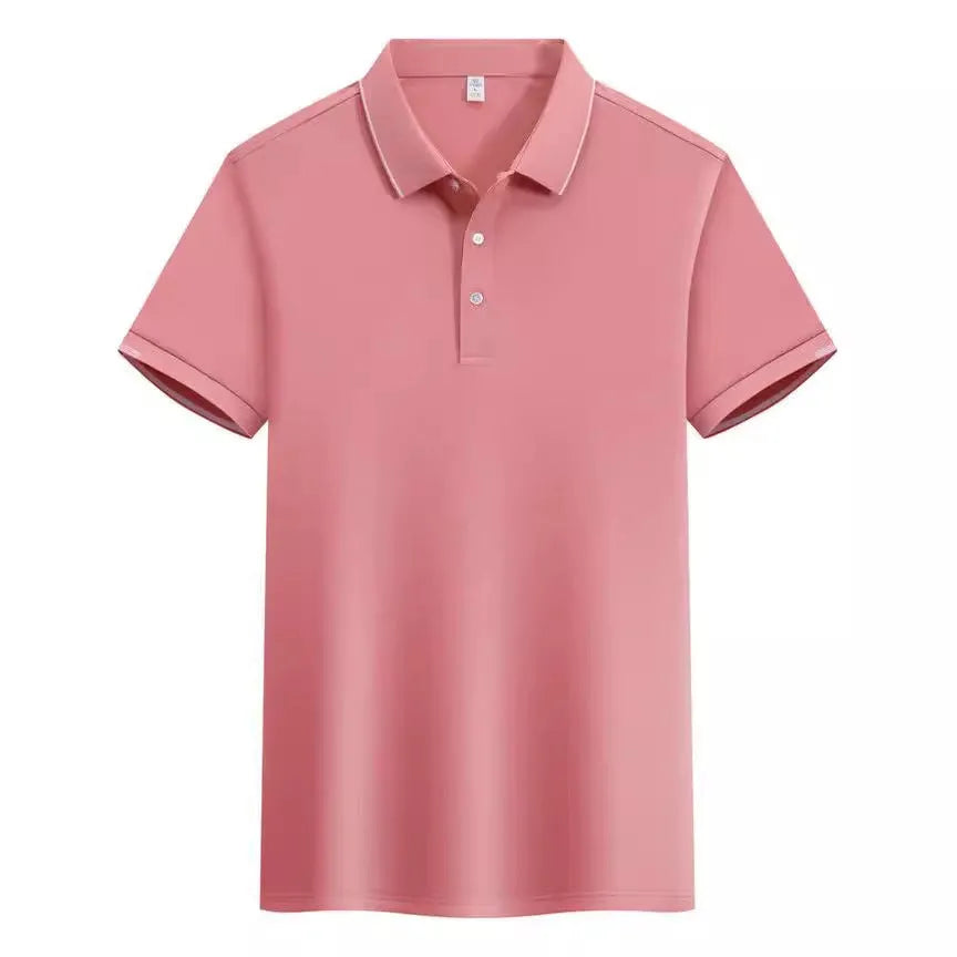 Men's loose fit cotton blend short sleeve polo shirt with a secondary collar lapel.