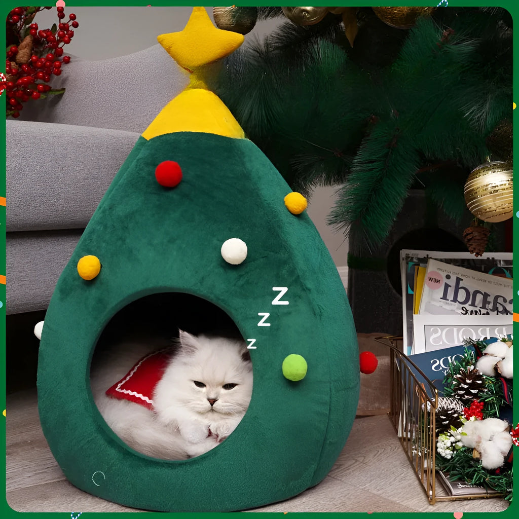 Red and green Christmas tree-shaped pet cave bed with removable cushion