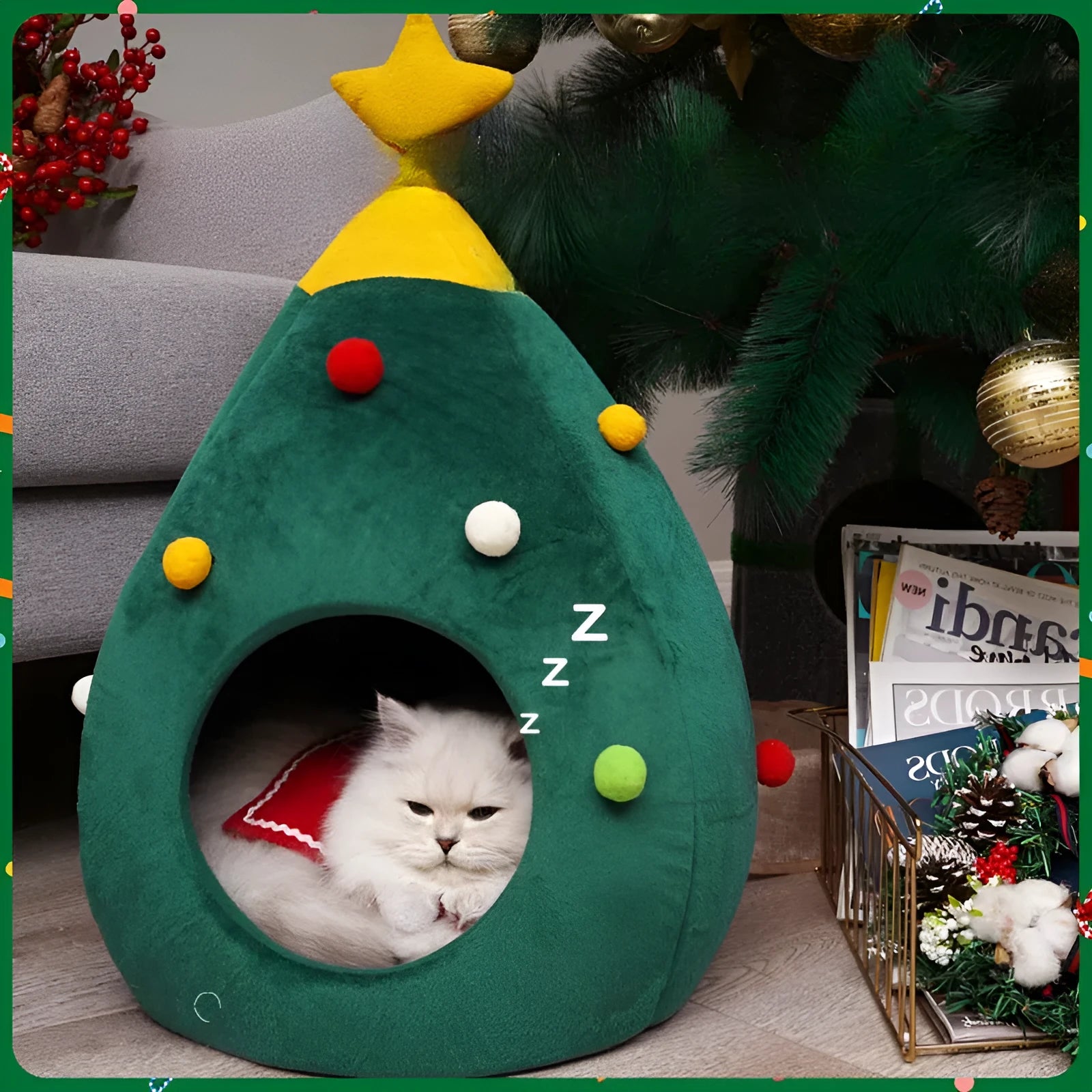 Red and green Christmas tree-shaped pet cave bed with removable cushion