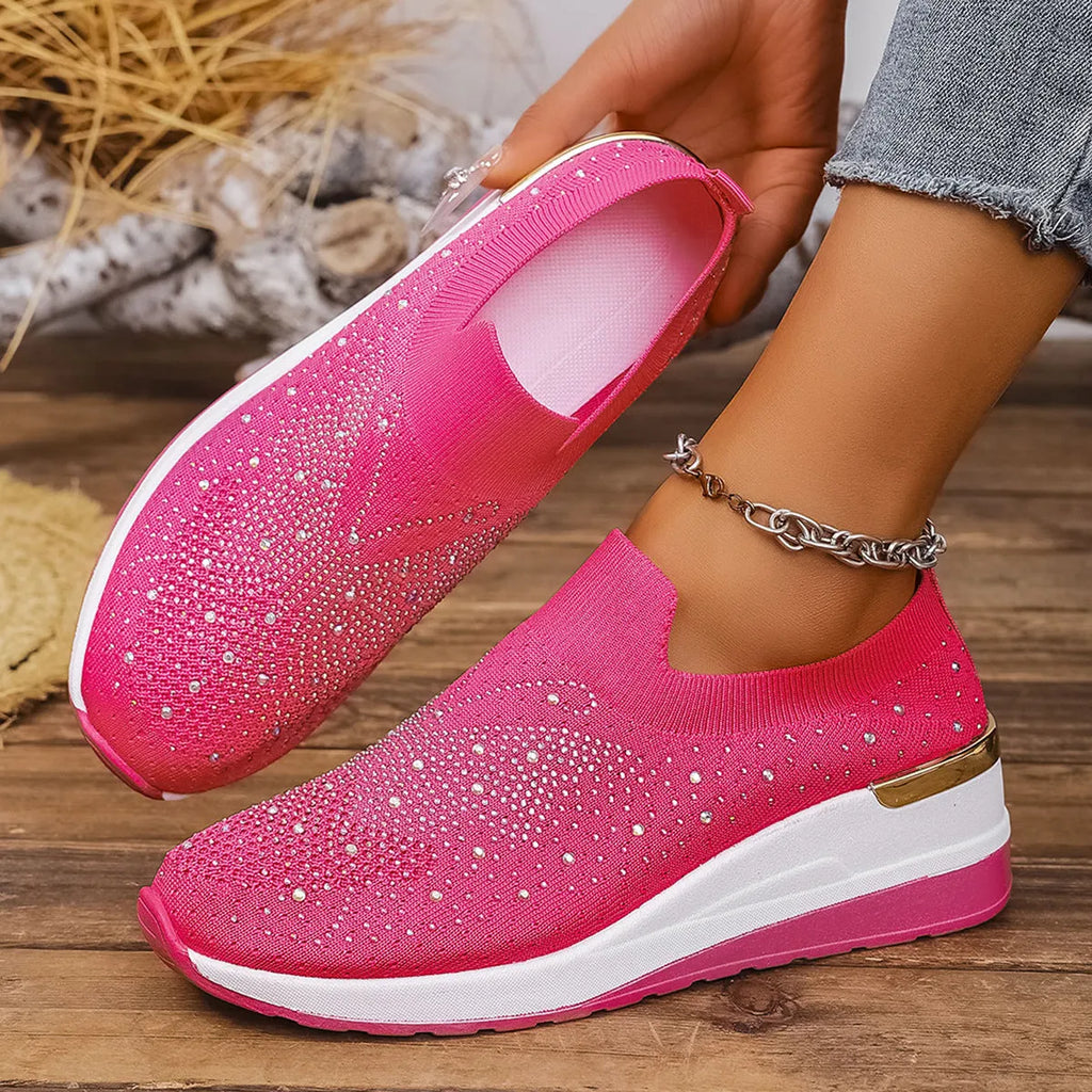 Women's wedge heel pumps with rhinestone detailing, round toe, slip-on design, breathable mesh upper, available in multiple colours and sizes 36-43