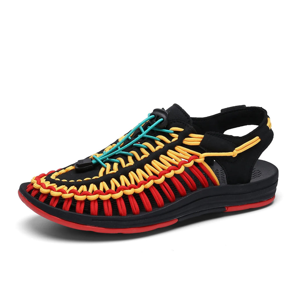 Adjustable drawstring tie woven sandals in multiple colours on a non-slip rubber sole.