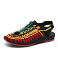 Adjustable drawstring tie woven sandals in multiple colours on a non-slip rubber sole.