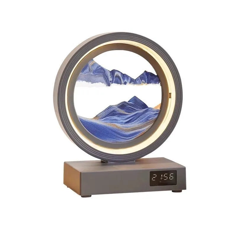 Quicksand painting clock with LED light, wireless charger, and speaker in a white frame