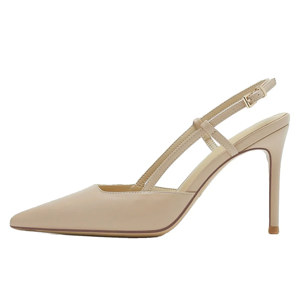 Women's apricot high-heeled sandals with single strap and buckle-toe closure