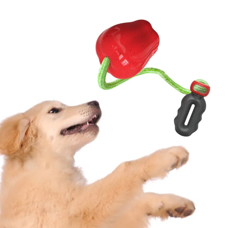 Green plastic dog molar chew toy with dropping ball food dispenser mechanism