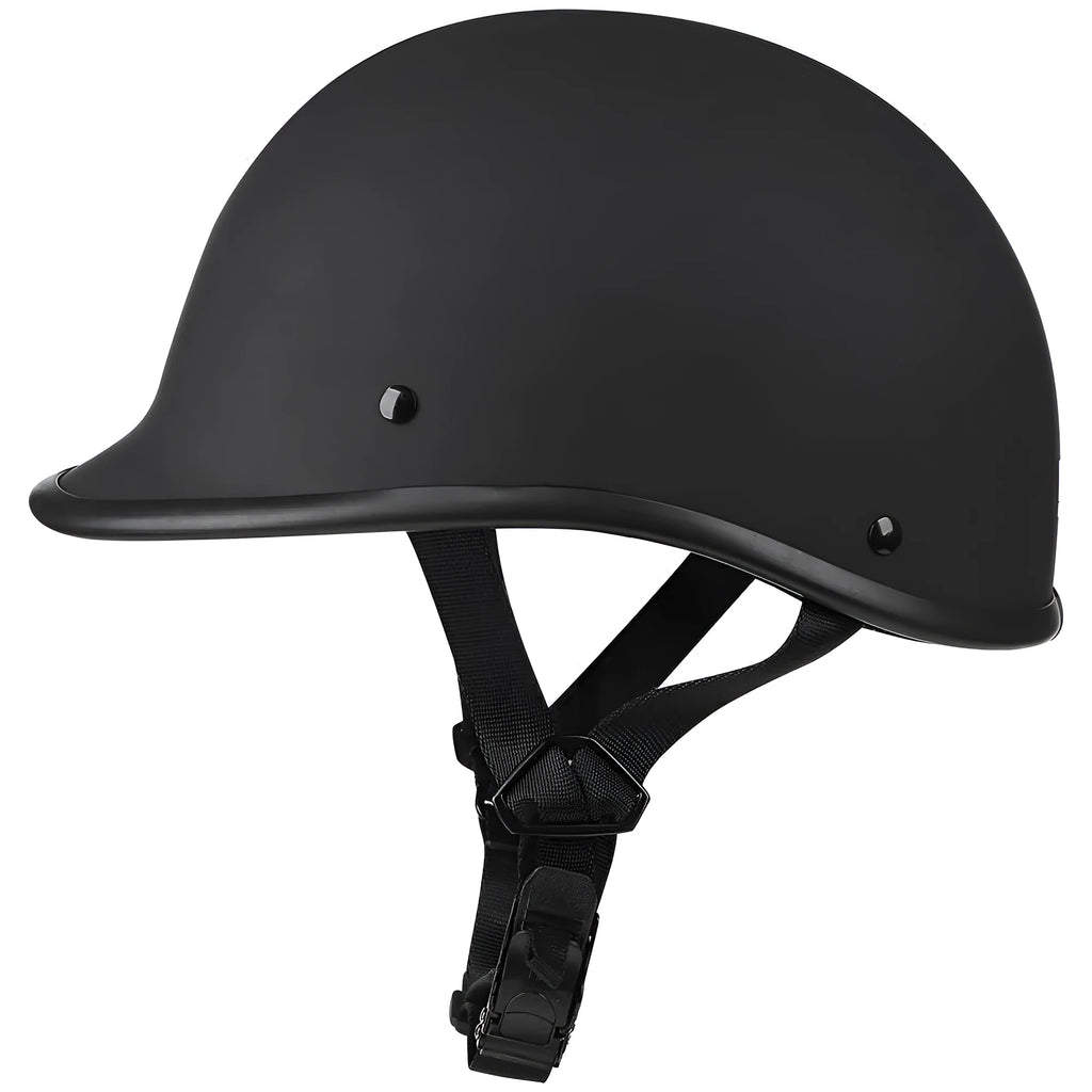 Retro style motorcycle helmet in matte black finish with an ABS shell on a plain background.