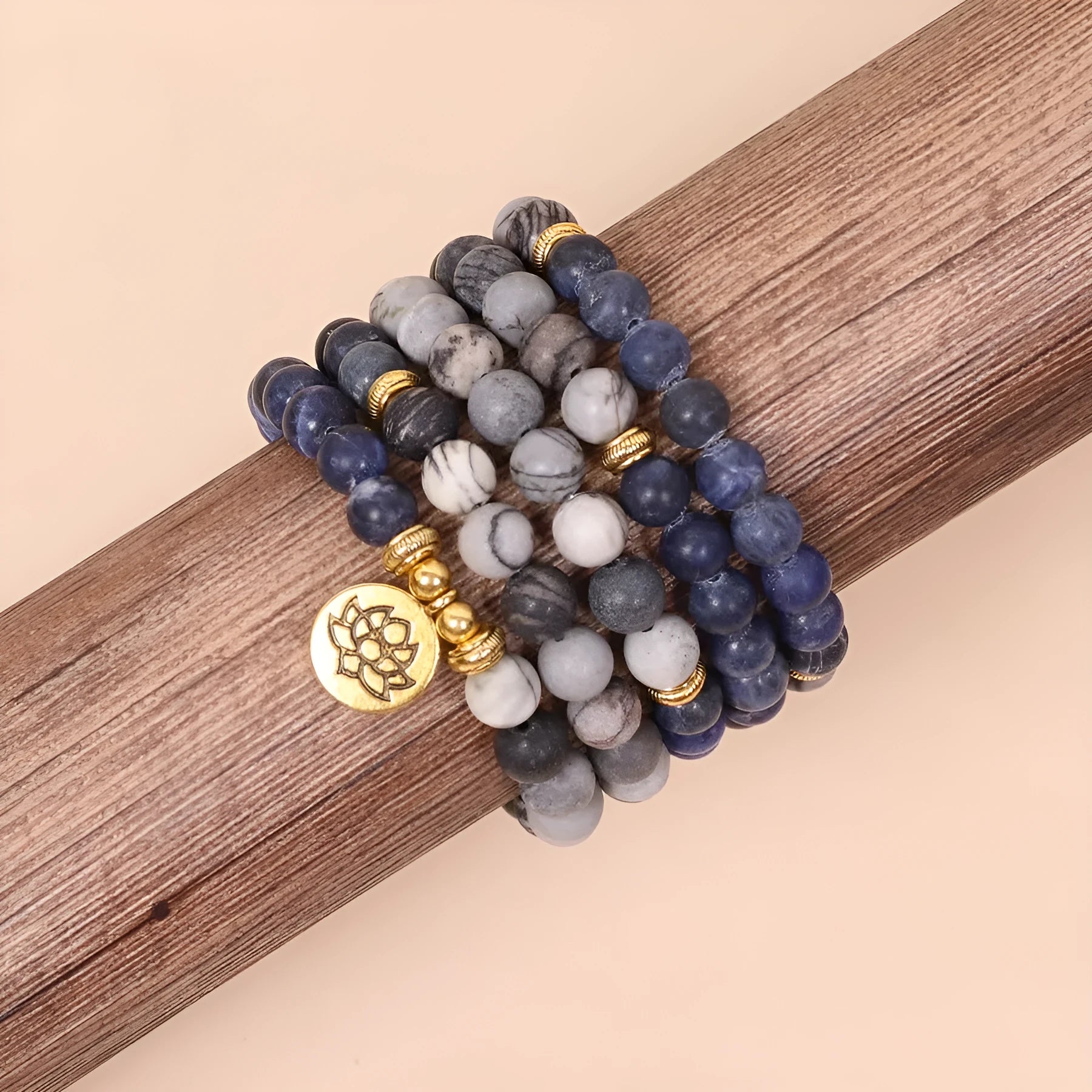 Blue patterned network stone beads on multi-layer alloy bracelet