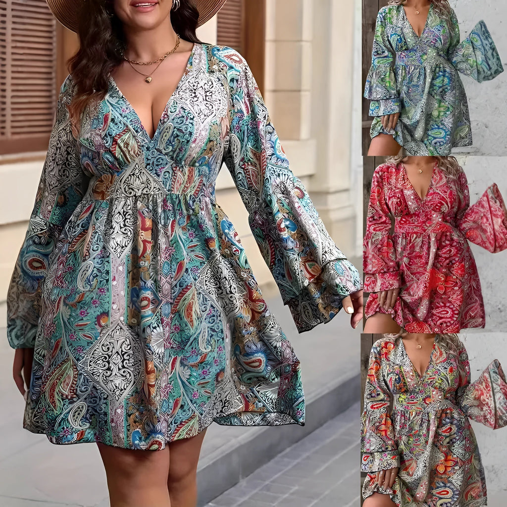 Plus size women's dress with bell sleeves and V-neck in Bohemian style, available in red, yellow or green