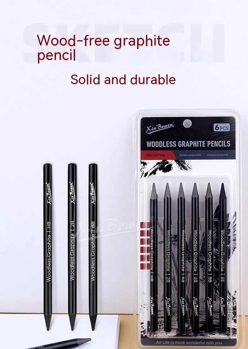 Set of six wood-free graphite full lead sketching pencils in a range of grades from HB to EE.