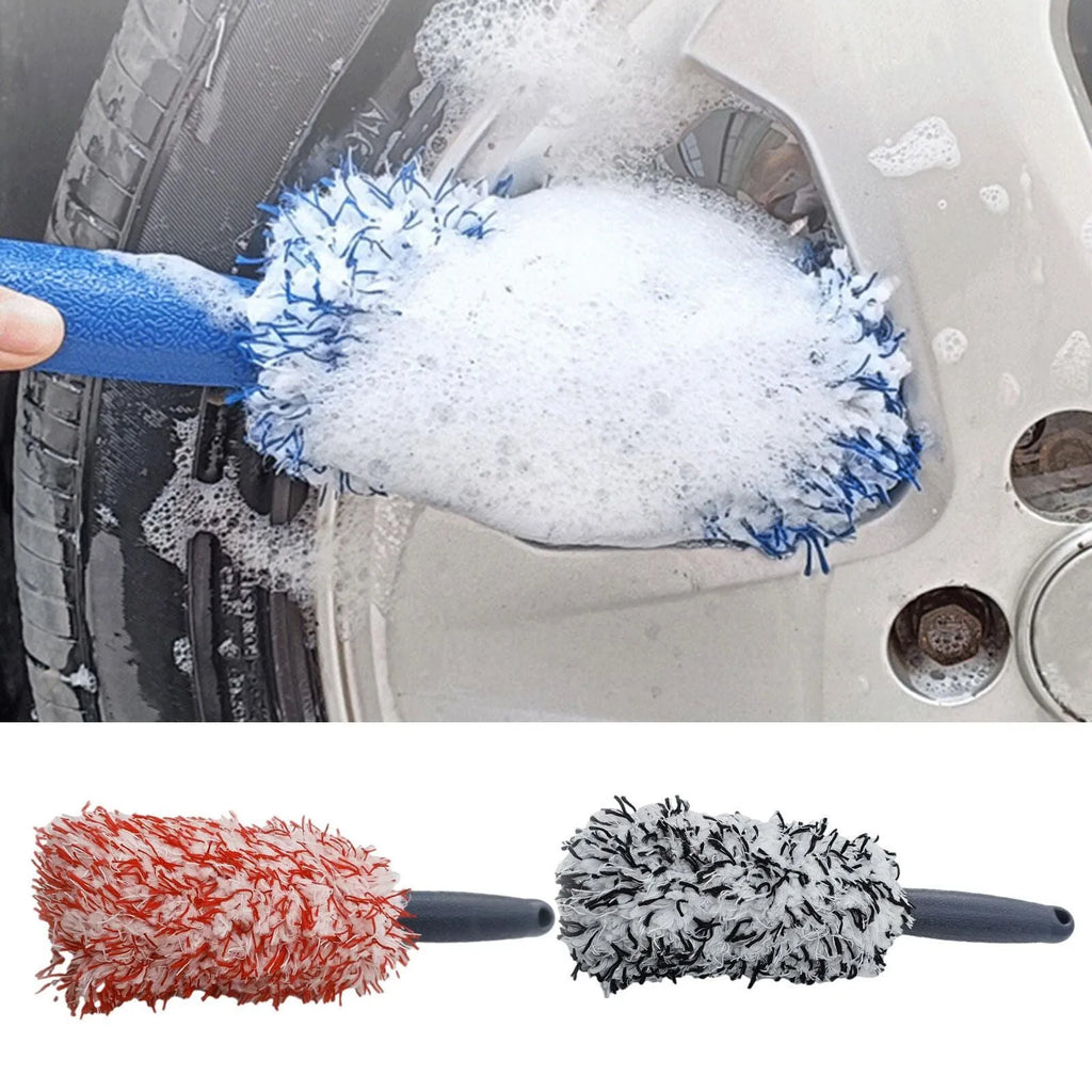 Long handled car wash brush with blue ultra-fine fibre head for cleaning wheels and body panels.