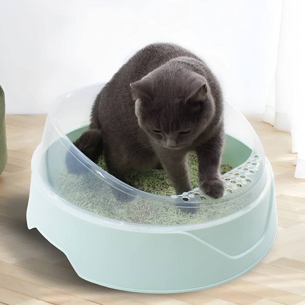Round deodorant cat litter box in mint green and pink colour options showing large and small sizes.