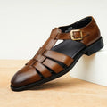Men's black genuine leather retro-style slip-on sandals with an open toe and rubber sole.