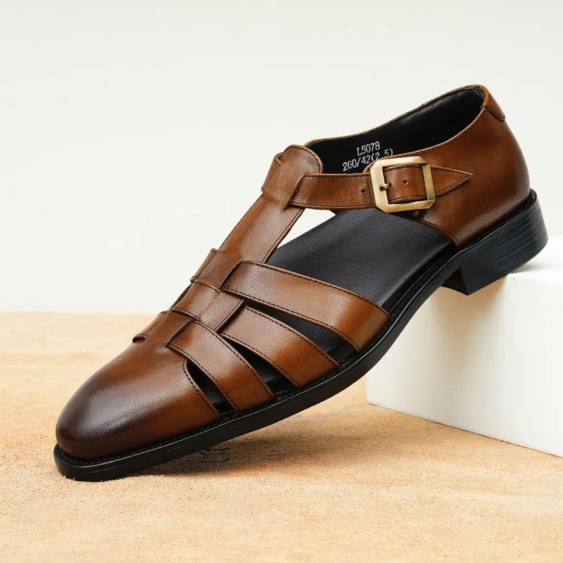 Men's black genuine leather retro-style slip-on sandals with an open toe and rubber sole.