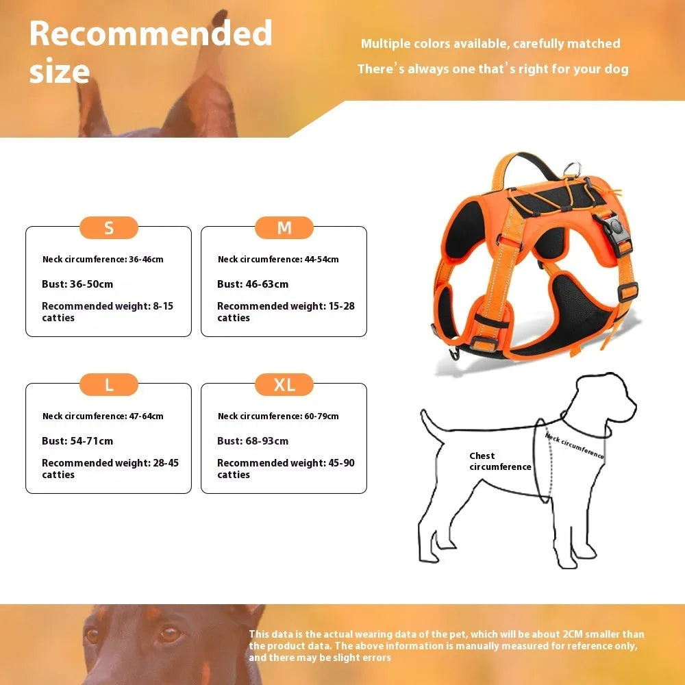 Explosion-proof reflective dog harness with an attached hand-holding rope in orange colour.