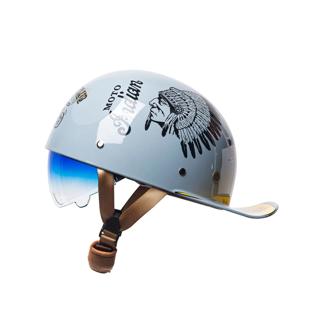 Men's bright black retro half bicycle helmet with integrated gradient blue visor, shown from the side.