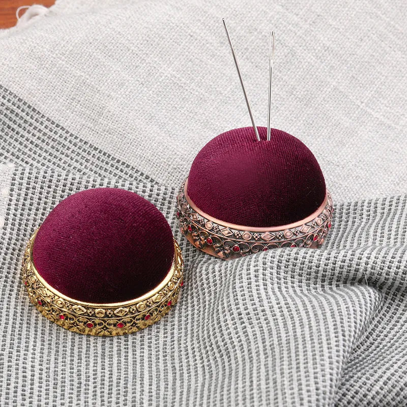 Retro velvet pin cushion with alloy pin insert for needle ball head pins and cross stitch sewing accessories