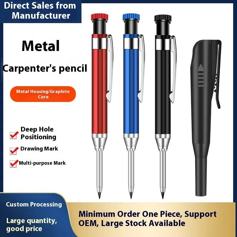 2.8mm metal long head deep hole carpenter's pencil with fine tip, black colour option, on a wooden surface