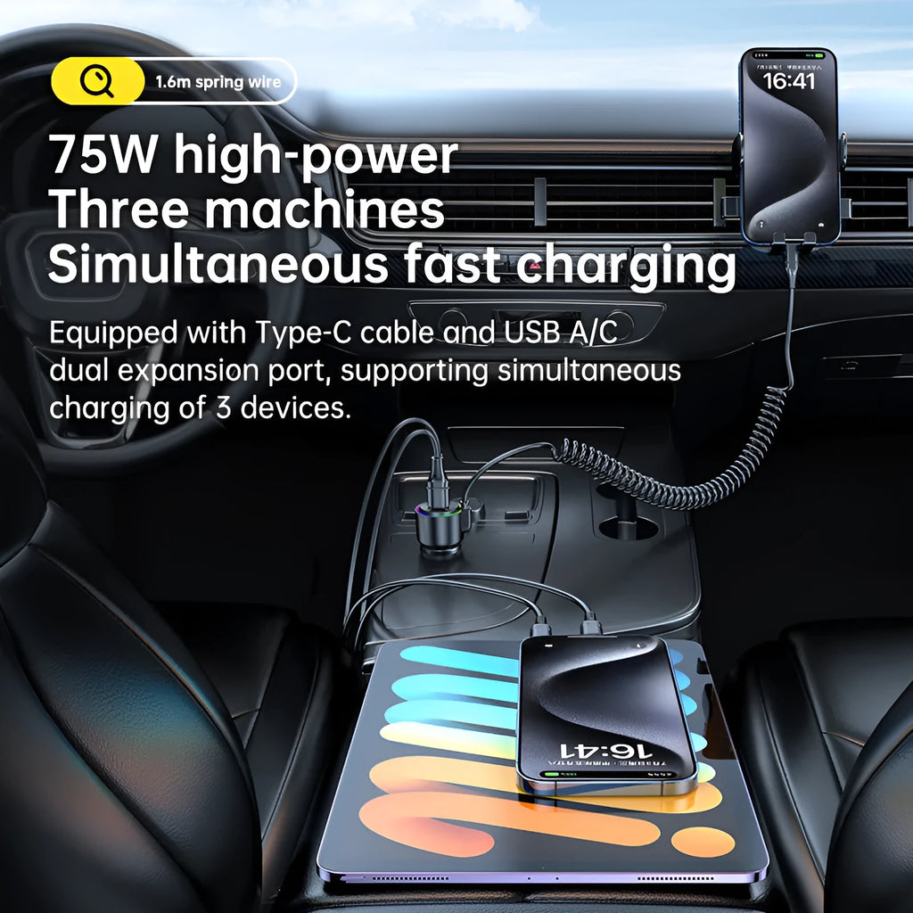 Black T26 75W USB-C car charger with spring wire, 5A Type-C fast charging adapter for vehicle socket