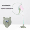 Cat teaser wand with suction cup base, long handle, bell attachment, and feather lure in various colour options
