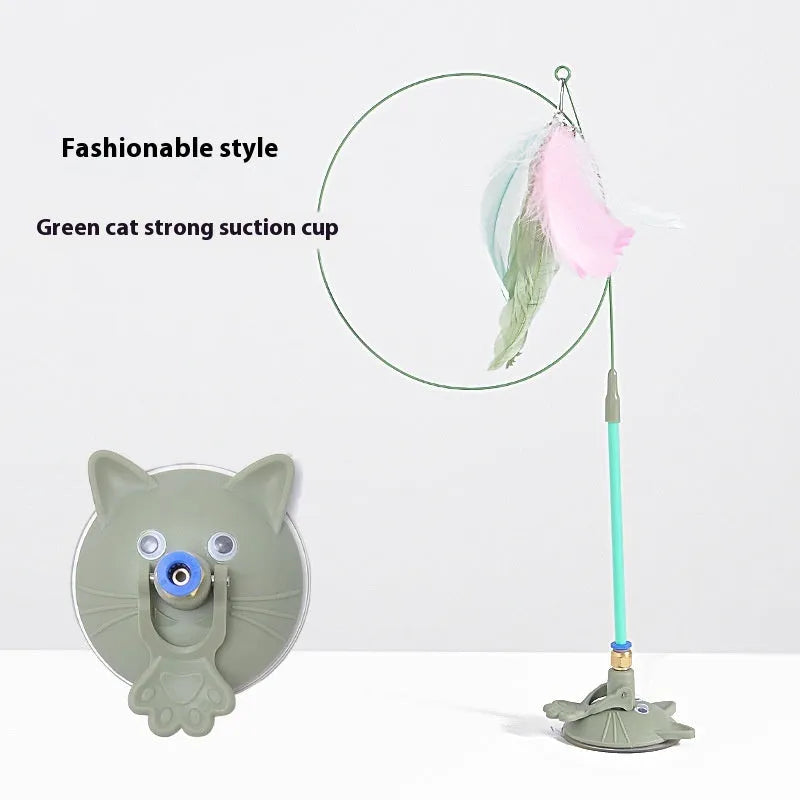 Cat teaser wand with suction cup base, long handle, bell attachment, and feather lure in various colour options