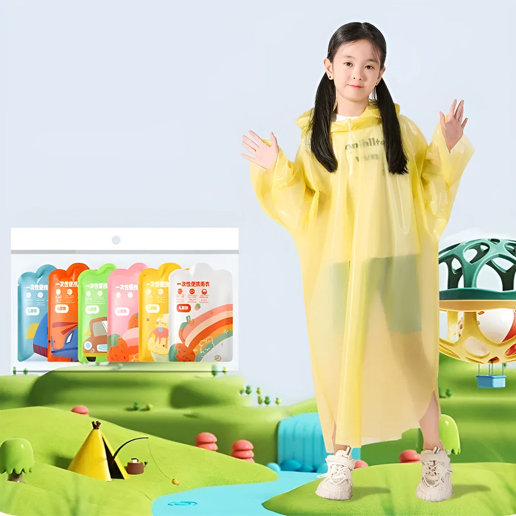 Disposable children's raincoat poncho in six colours packed at 13x9 cm