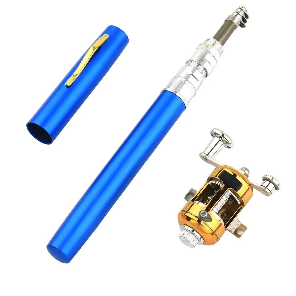 Portable telescopic pen fishing rod collapsed to 20.5cm next to its detachable plastic reel, shown in gold colour.