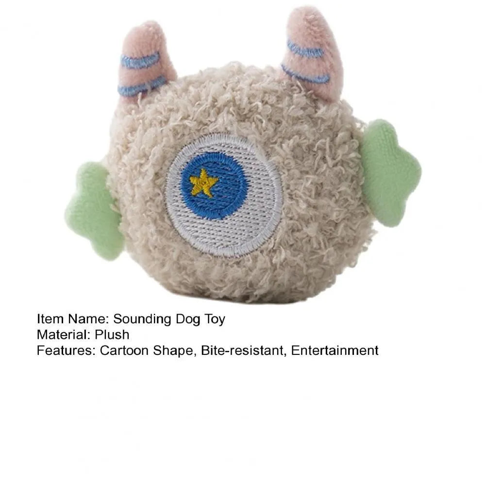 Cartoon-shaped plush dog toy with big eyes and built-in squeaker for interactive play