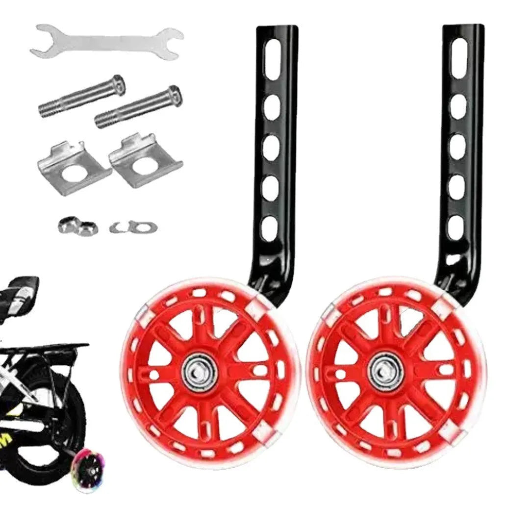 Set of two metal training wheels with brackets and hardware for a children's bicycle.