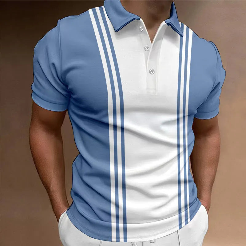 Men's loose-fitting casual t-shirt with a 3-button printed lapel detail and short sleeves.