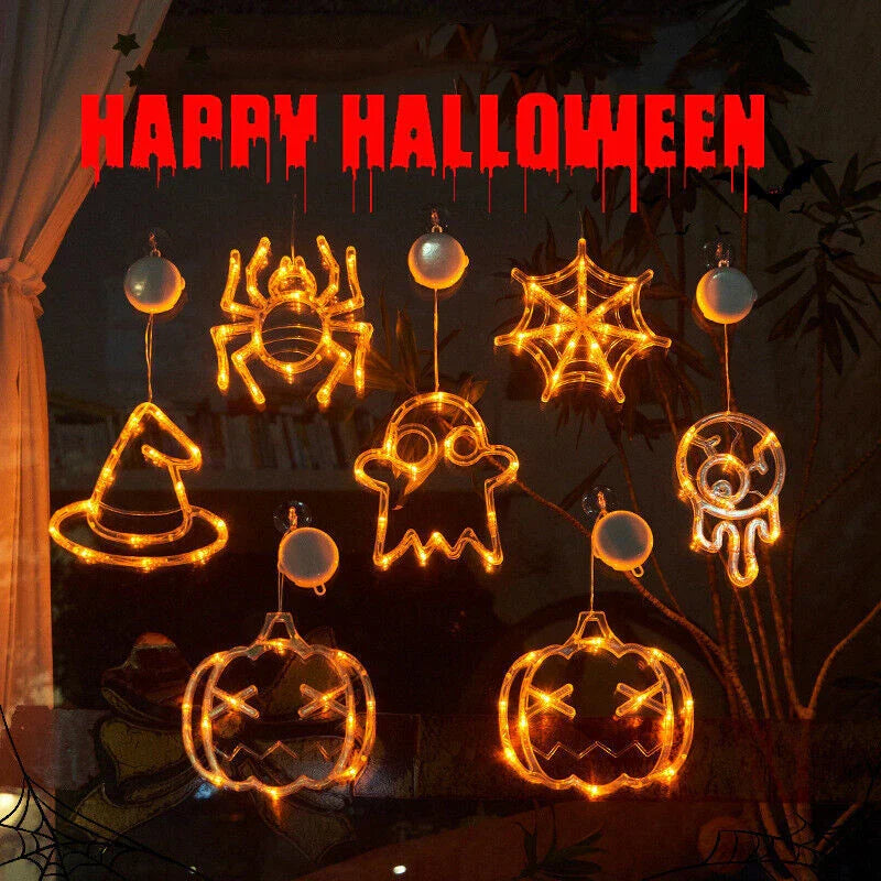 Halloween Window Hanging LED Lights with spooky designs of spiders, pumpkins, and ghosts